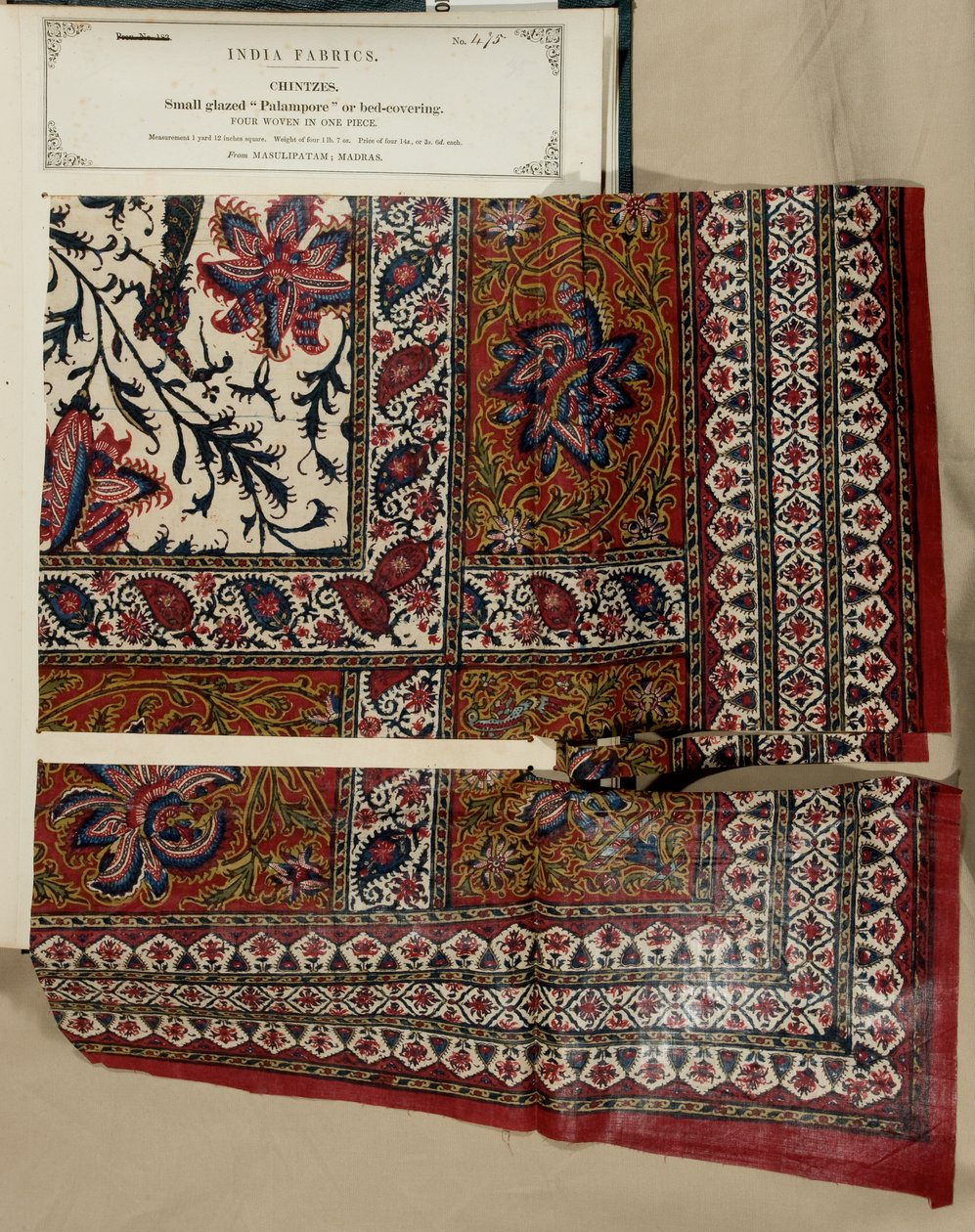 Pieni lasitettu palampore tai sängynpeitenäyte Masulipatamista Madrasissa, kokoelmasta The Collection of the Textile Manufacturers of India, kirjoittanut John Forbes Watson, julkaistu vuonna 1866 tekijältä Indian School