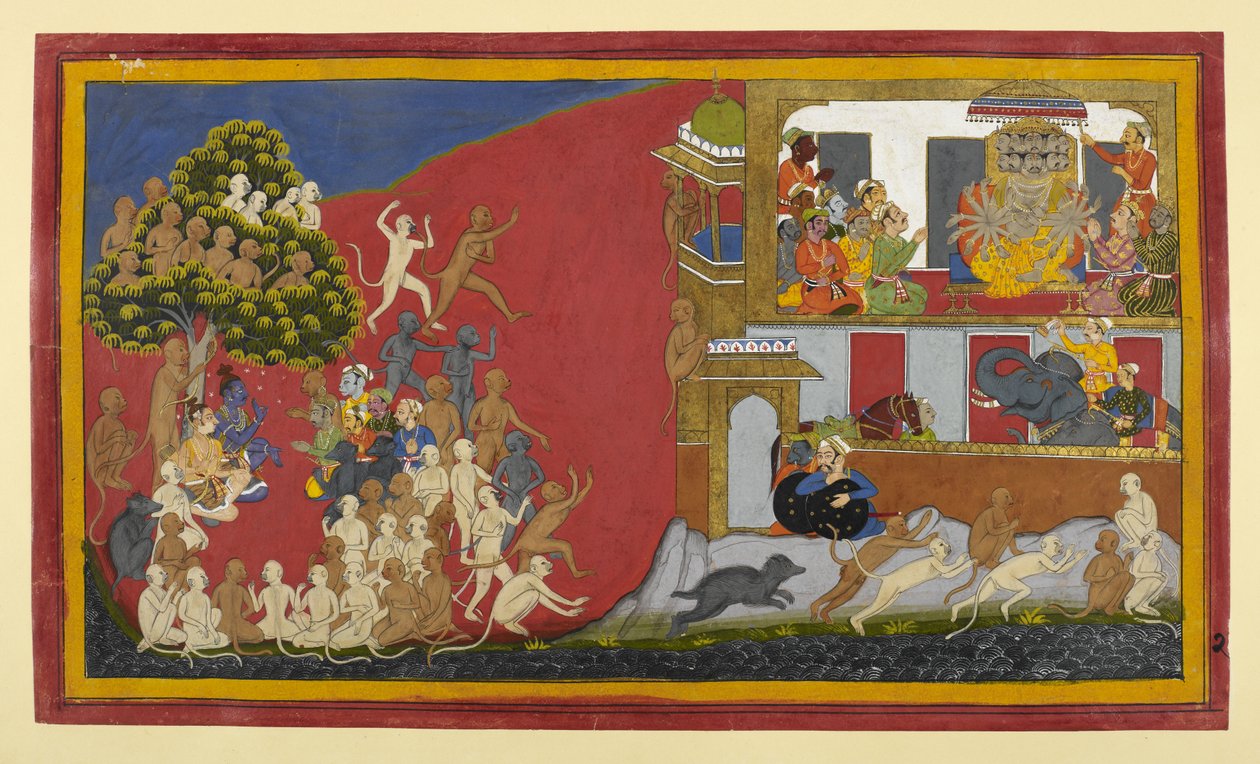 Vakoojat Śuka ja Sāraṇa etsivät vihollisen tietoja, kun Rāman liittolaiset piirittävät Laṅkān. tekijältä Indian School