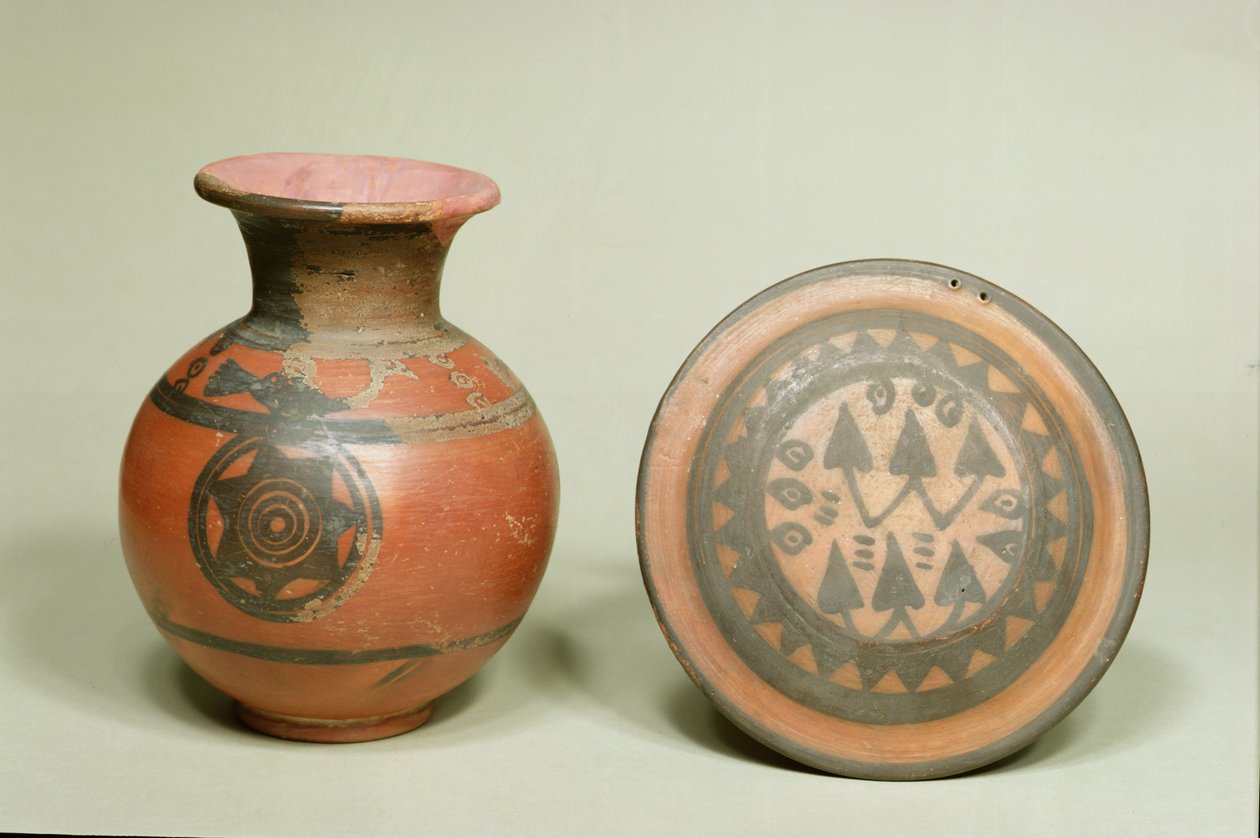 Terrakottapannu ja kansi, hautausmaalta H Harappassa, Indus-laaksossa, 1500 eKr.-1200 eKr. (terrakotta) tekijältä Indian School