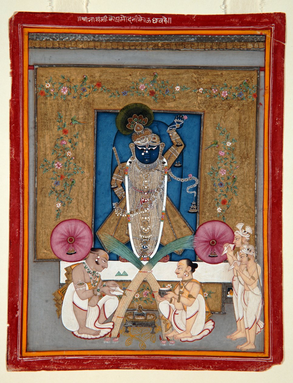 The Adoration of Krishna as Shrinath ji, 1800-25 (läpinäkymätön wc ja kultaa paperilla) tekijältä Indian School
