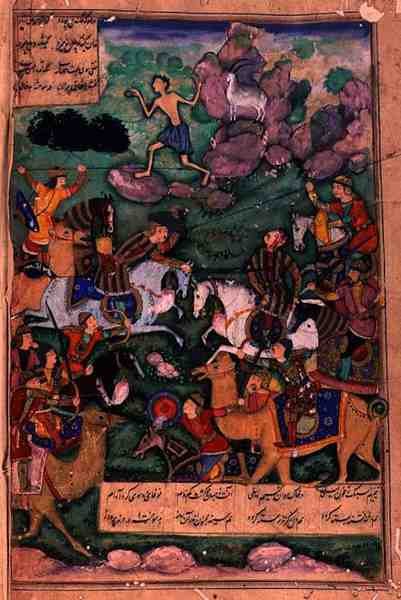 Klaanien taistelu, folio 15b runosta Layla ja Majnun, kirjoittanut Amir Khusrau Dihlavi (1253-1325) perustuen tarinaan Mughalin Nizamin Khamsasta (Kvintetti), 1600 tekijältä Indian School