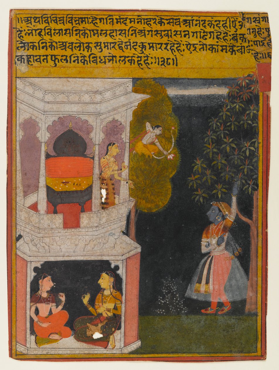 Hämmentynyt Nayika, sivu Rasikapriya-sarjasta, n. 1660-1690 (läpinäkymätön wc ja kultaa paperilla) tekijältä Indian School