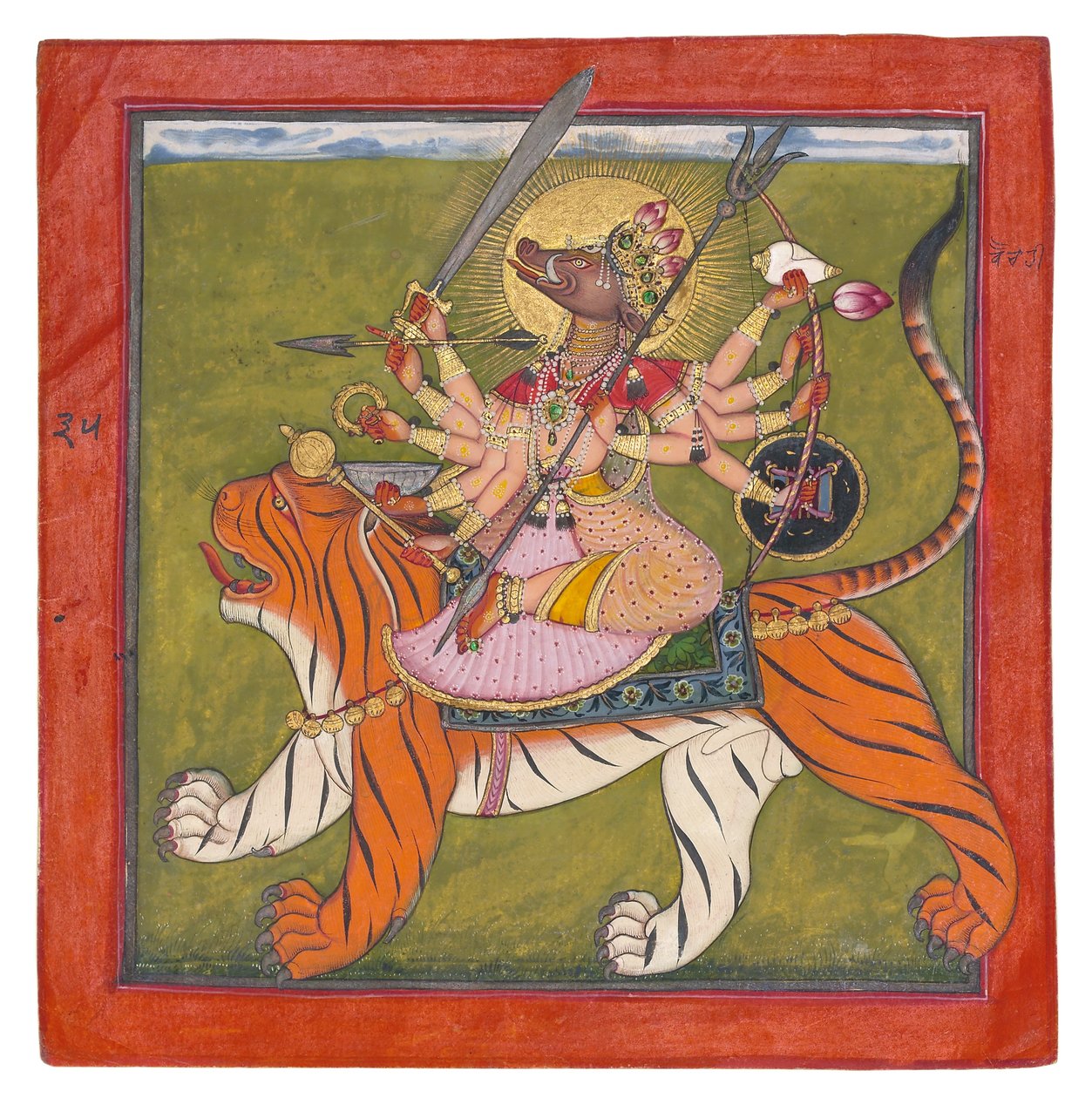 Karjunaamainen jumalatar, Varahi, n. 1660-1670 (läpinäkymätön wc, kulta, kovakuoriaiset paperilla) tekijältä Indian School