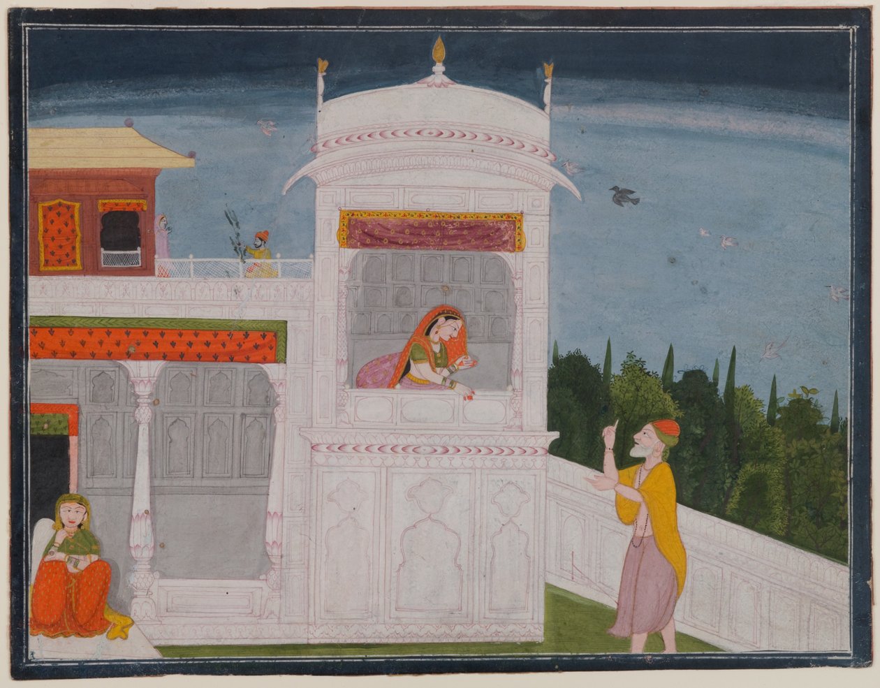 Brahmin Sudama ja Rukmini palatsissa, sivu Bhagavata Purana -sarjan Sudama-jaksosta, noin 1800 tai myöhemmin (wc paperilla) tekijältä Indian School