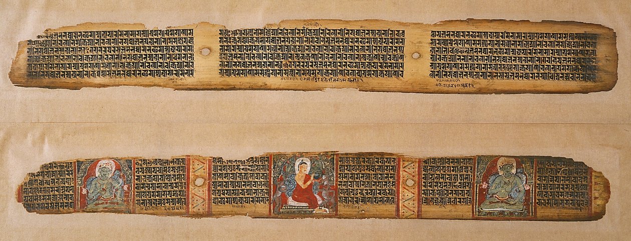Buddha jakaa hunajaa Prajnaparamita-käsikirjoituksesta, Länsi-Bengal (läpinäkymätön akvarelli ja muste palmunlehdellä) tekijältä Indian School
