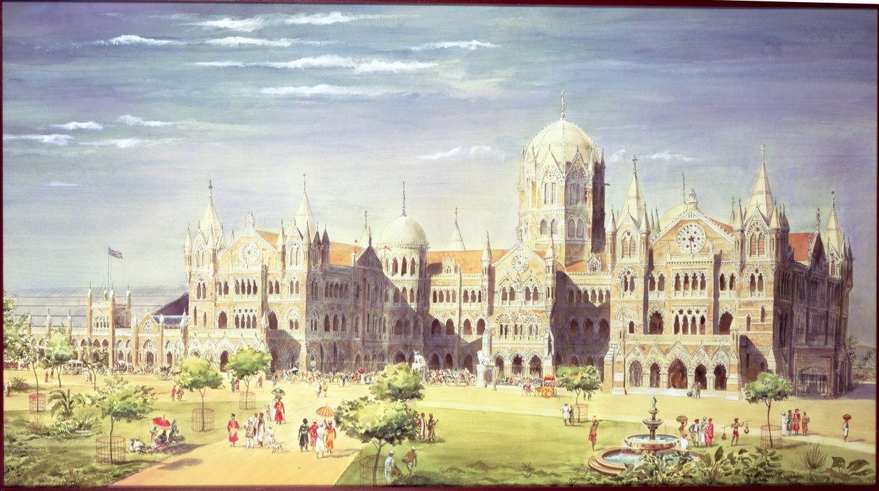Chhatrapati Shivaji Terminus Station, Mumbai, Intia, 1900 (vartalon väri paperilla) tekijältä Indian School