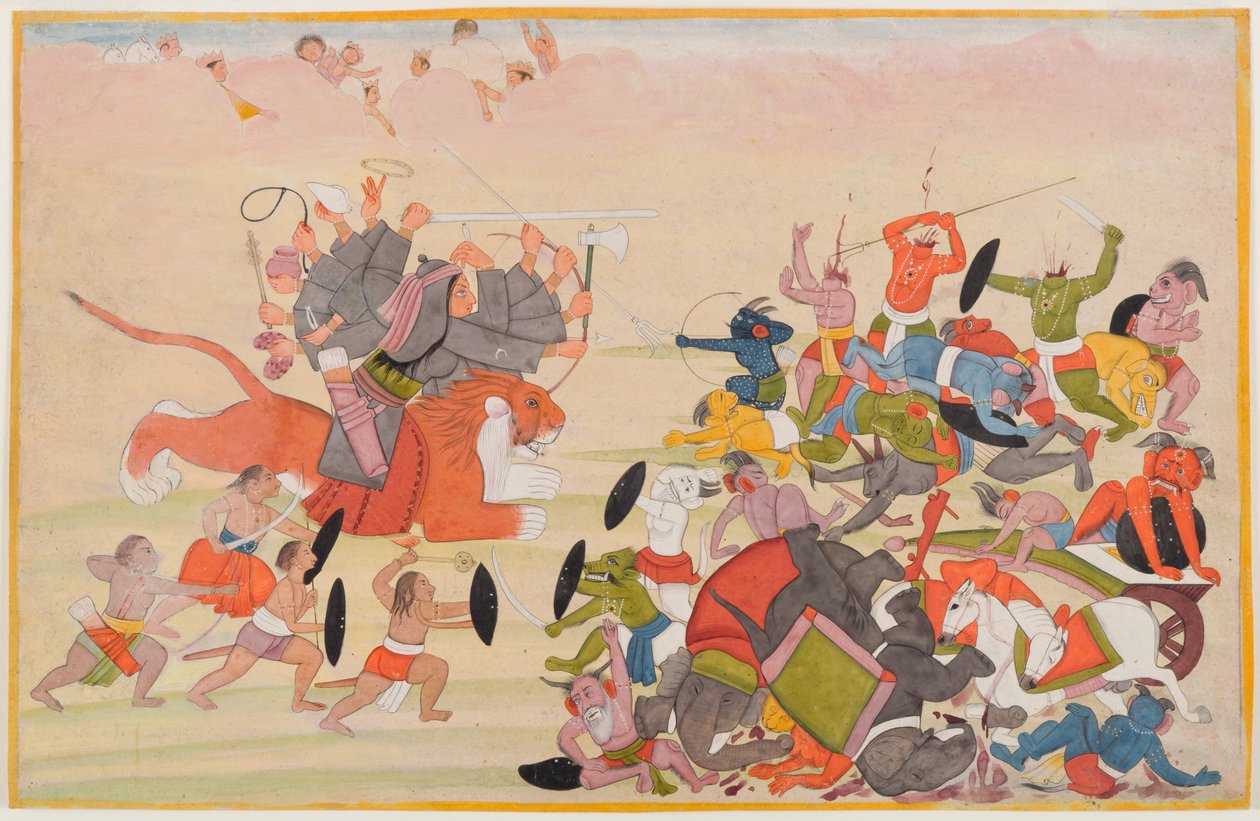 Devi voittaa Mahishasuran, folion hajallaan Devi Mahatmya -sarjasta, n. 1770-80 (wc paperilla) tekijältä Indian School