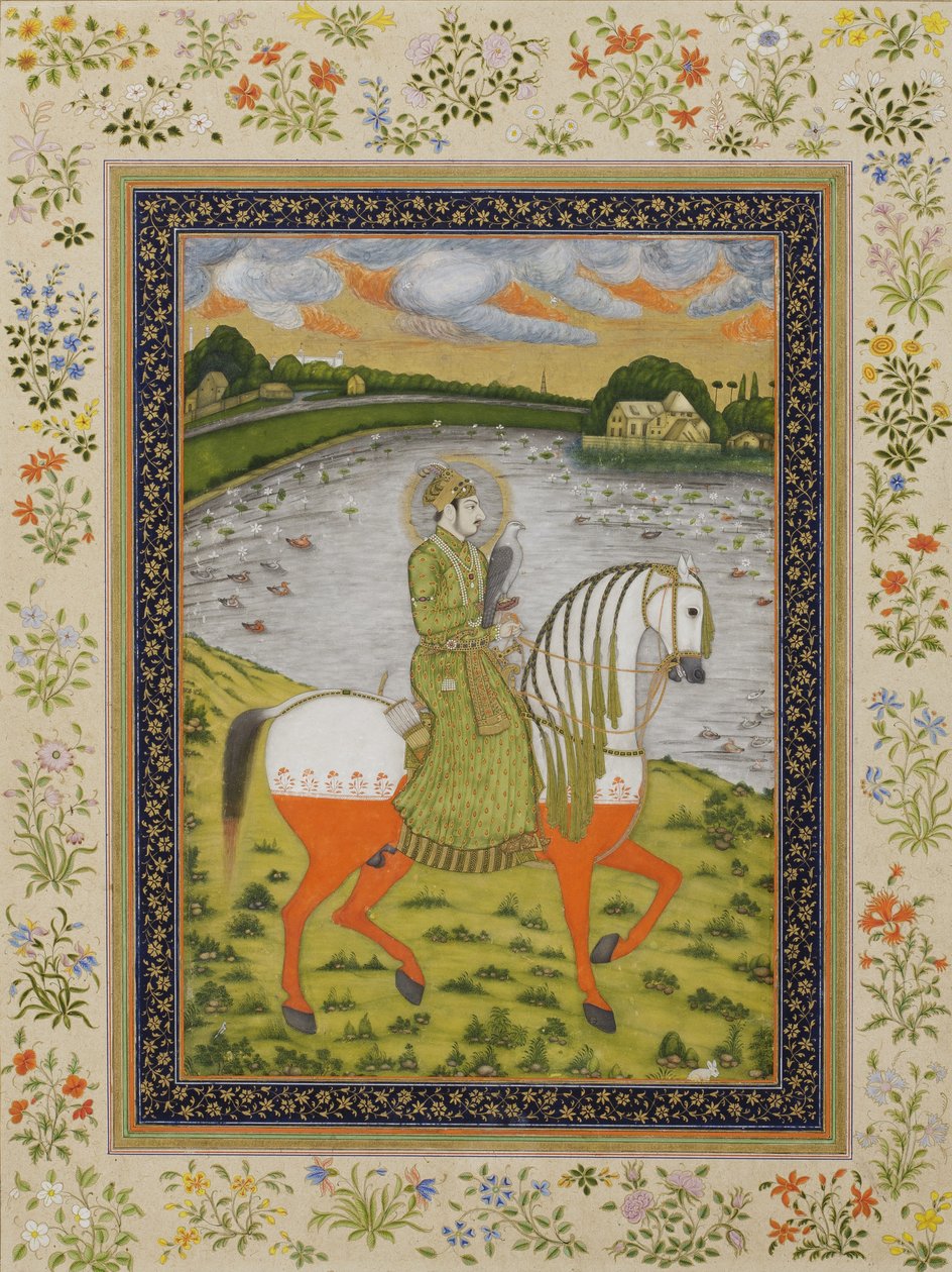 Keisari Muhammad Shah, ratsastaja, metsästyskentällä, n. 1750 (läpinäkymätön wc ja kulta paperilla) tekijältä Indian School