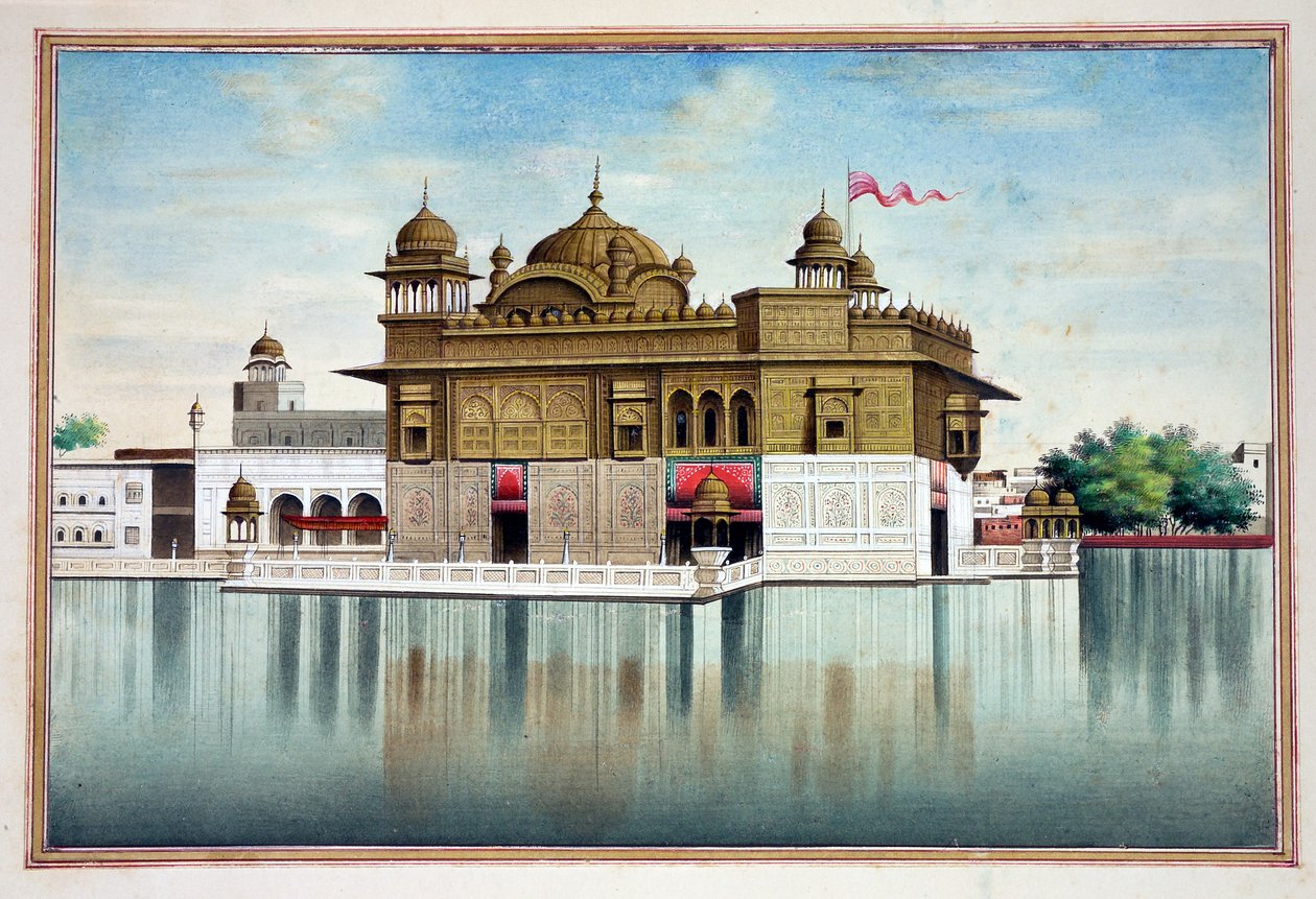 Kultainen temppeli Amritsarissa, teoksesta The Kingdom of the Punjab, sen hallitsijat ja päälliköt, osa I, 27 akvarellitutkimuksen osio tunnistamattomalta intialaiselta taiteilijalta, n. 1840 (wc paperilla) tekijältä Indian School