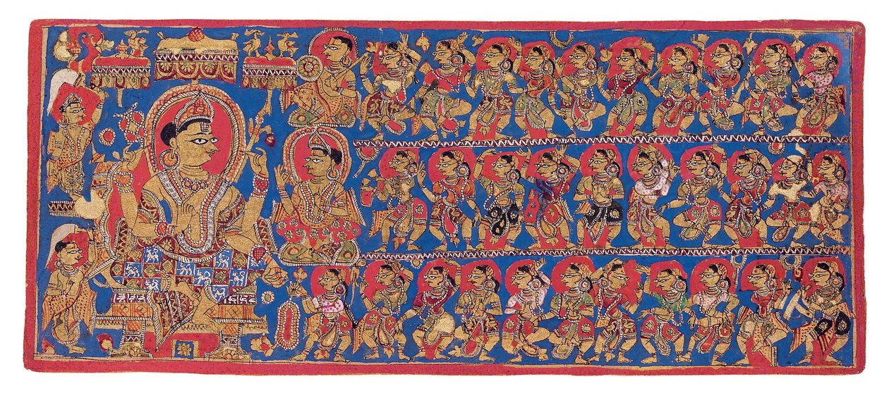 Indran taivaallinen tuomioistuin, "Devasanaparo Bhandar" Kalpasutra, n. 1475 (läpinäkymätön akvarelli ja kulta paperilla) tekijältä Indian School