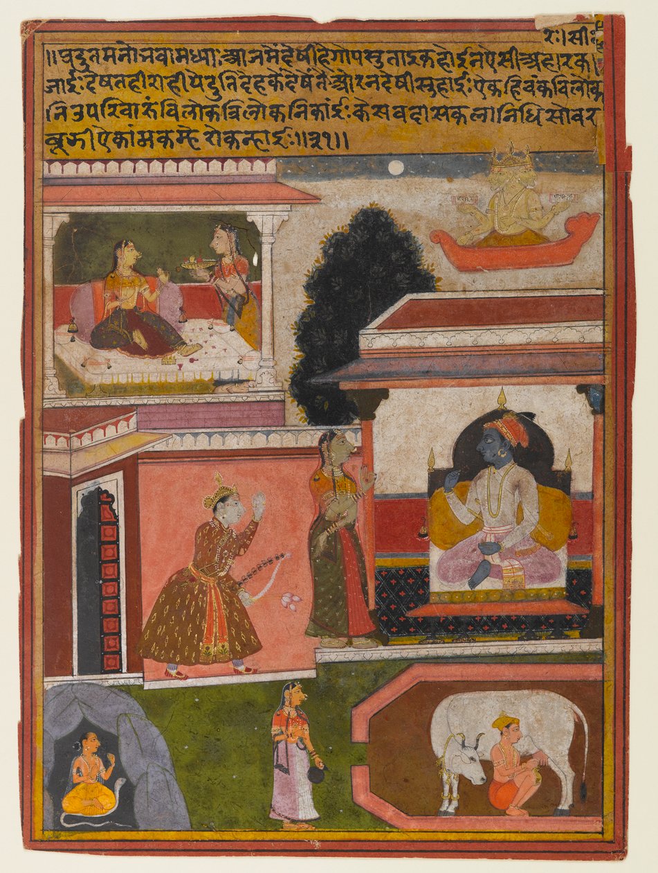Sankaritar, jonka halut ovat ilmeisiä, sivu Rasikapriya-sarjasta, n. 1660-1690 (läpinäkymätön wc ja kultaa paperilla) tekijältä Indian School