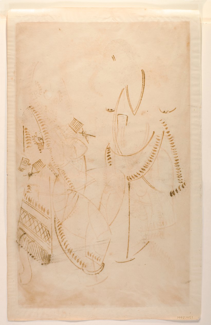 Tarakeshwarin Mahant emäntänsä, Elokeshin kanssa, joka tarjoaa hänelle pannua, Kalighat Album, n. 1880 (wc paperilla) tekijältä Indian School