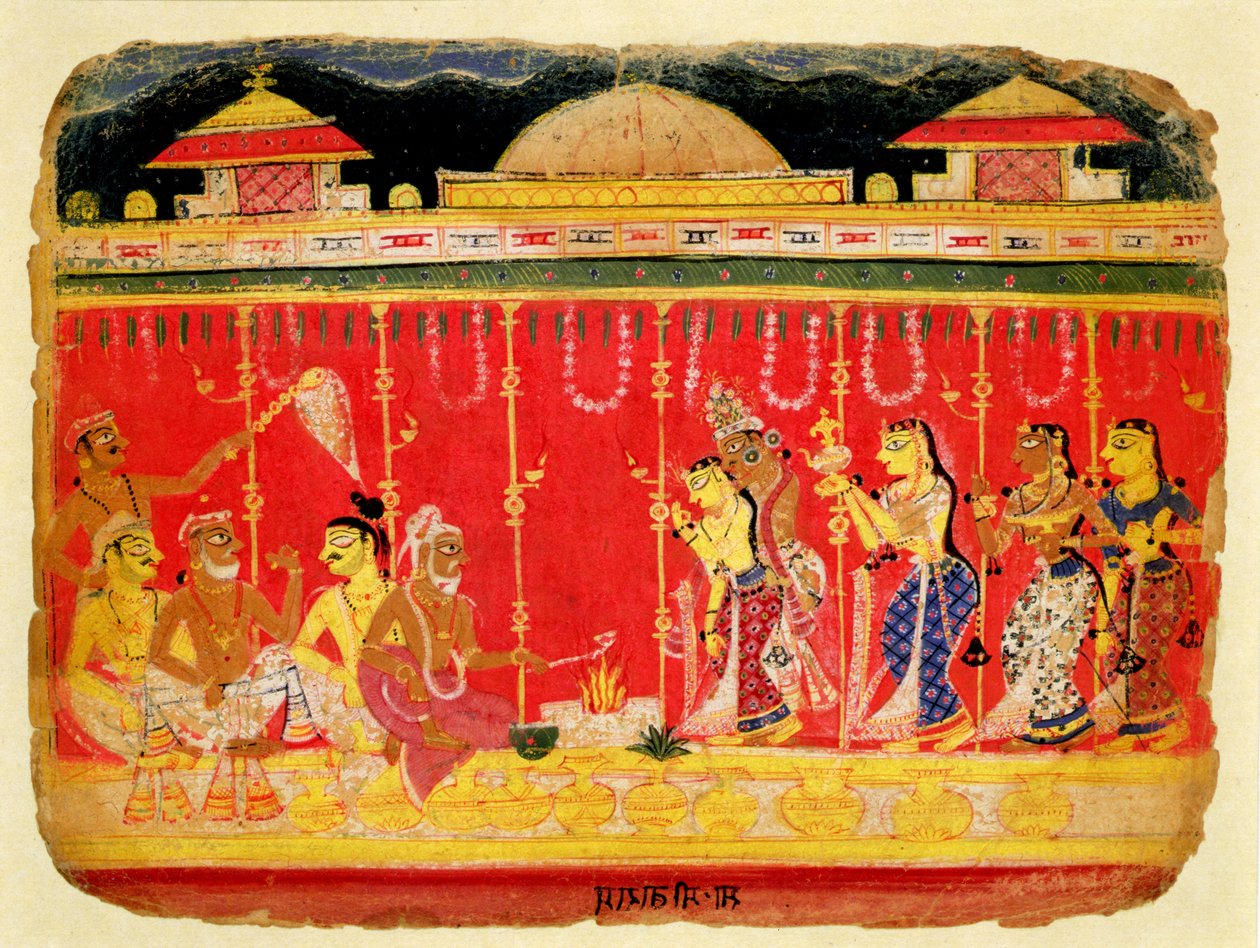 The Marriage of Krishnas Parents, hajallaan olevasta Bhagavata Puranan käsikirjoituksesta Mewarista, Rajasthanista, n. 1520-50 (läpinäkymätön wc paperilla) tekijältä Indian School