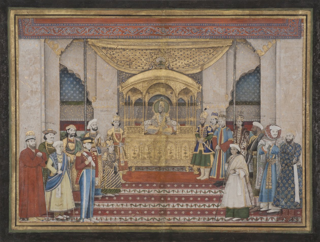 Mughal-keisari Bahadur Shah II Darbarissa, 1839 (läpinäkymätön wc ja kultaa paperilla) tekijältä Indian School
