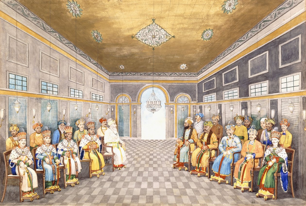 Nawabit ja Oudhin kuninkaat palatsin sisätiloissa palvelijoidensa läsnä ollessa, n. 1800 tekijältä Indian School