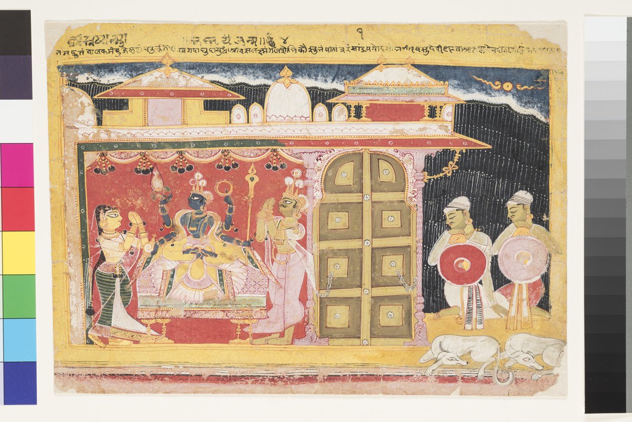 Vishnun palvonta Krishnan syntymän yhteydessä, ennen vuotta 1560 (läpinäkymätön wc paperilla) tekijältä Indian School