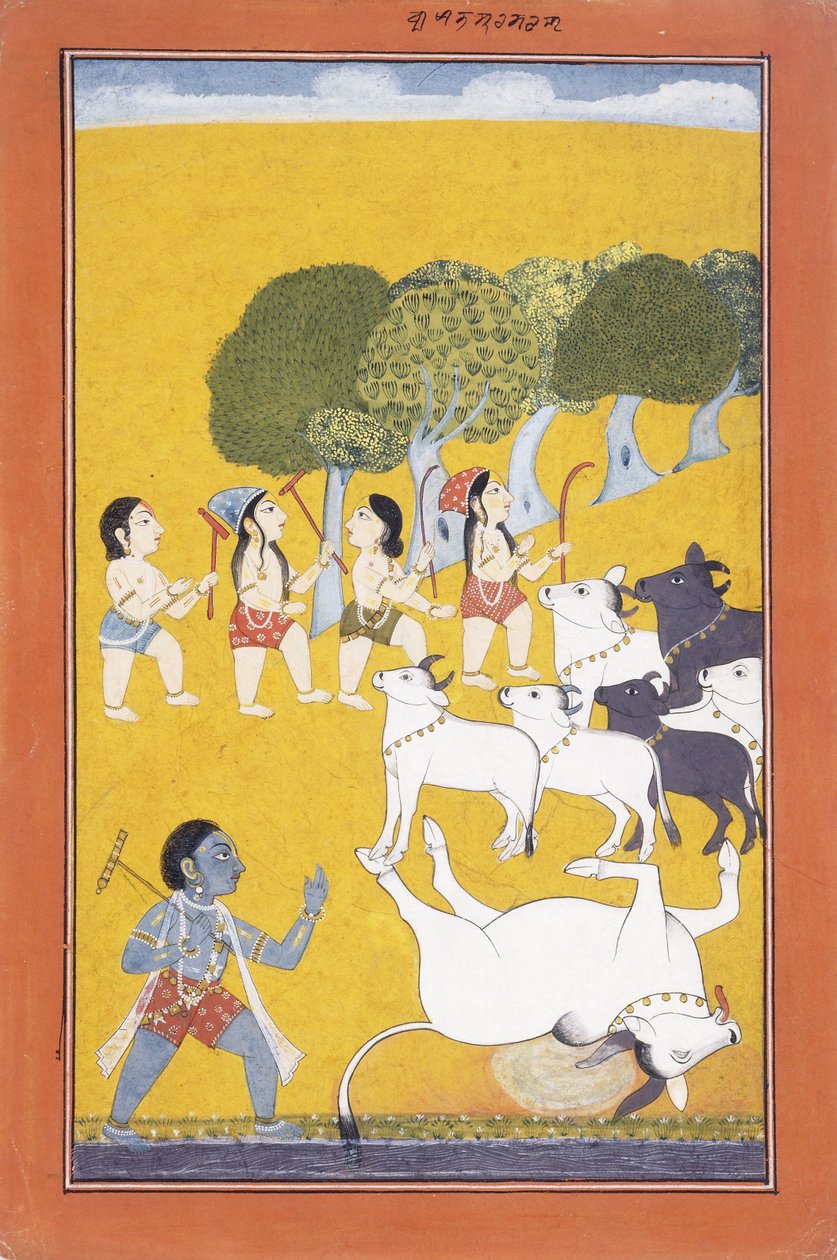 Nuori Krishna tappaa demoni Vatsasuran, joka tuli vasikan varjossa, n. 1730-1740 tekijältä Indian School