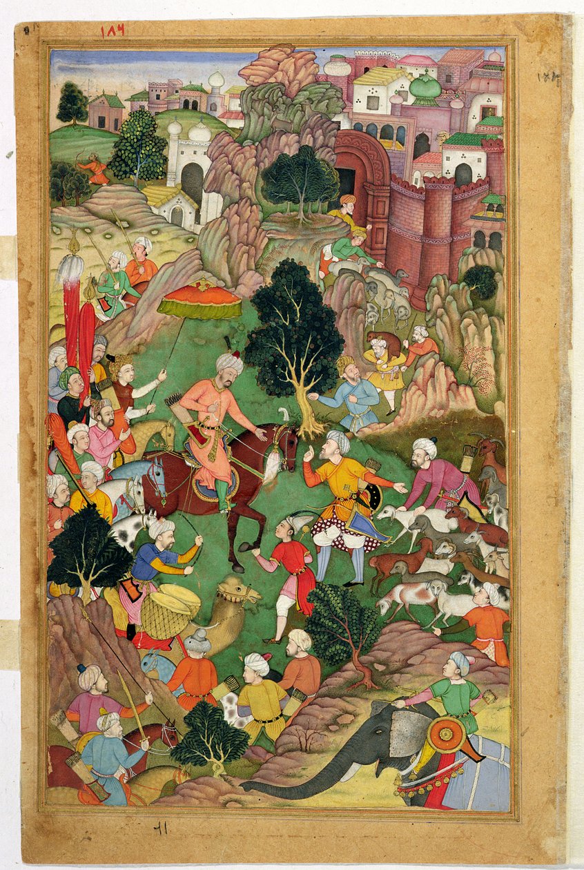 Hazaran lampaiden pyydystäminen "Baburnamasta" ("Baburin muistelmat"), Mughal tekijältä Indian School
