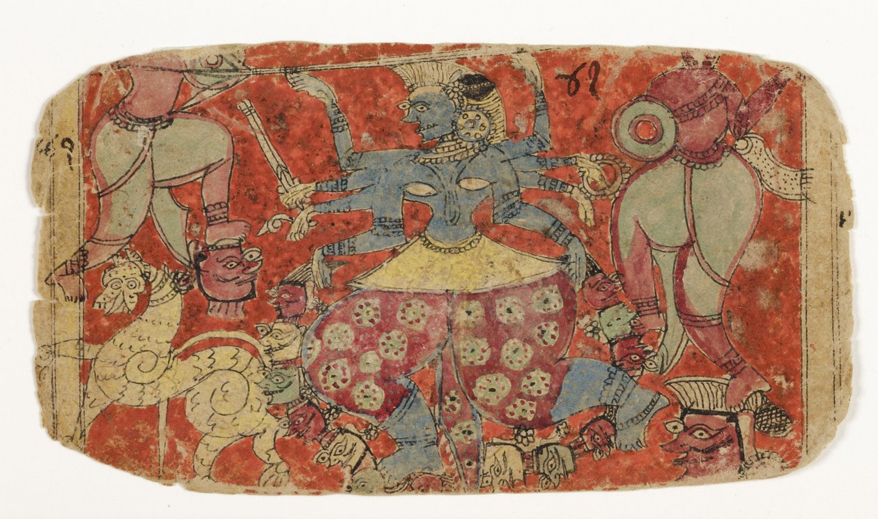 Jumalatar Kali taistelee demoneja vastaan, Durga hyökkää demoneja Shambhaa ja Nishumbhaa vastaan (paperilla läpinäkymätön wc) tekijältä Indian School