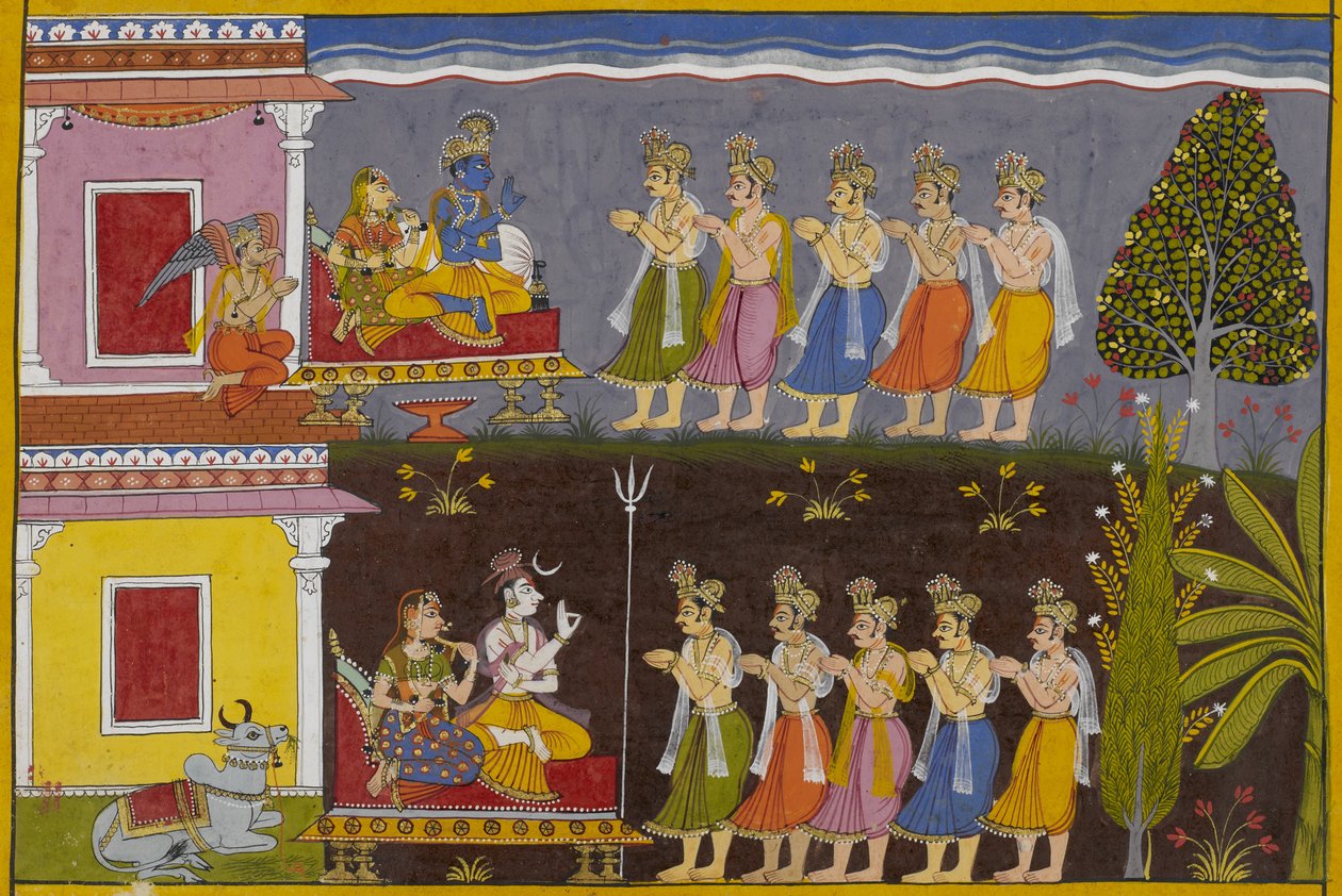 Jumalat pyytävät Śivaa tuhoamaan rākṣasat; hän ohjaa heidät Viṣṇun luo, joka suostuu. tekijältä Indian School