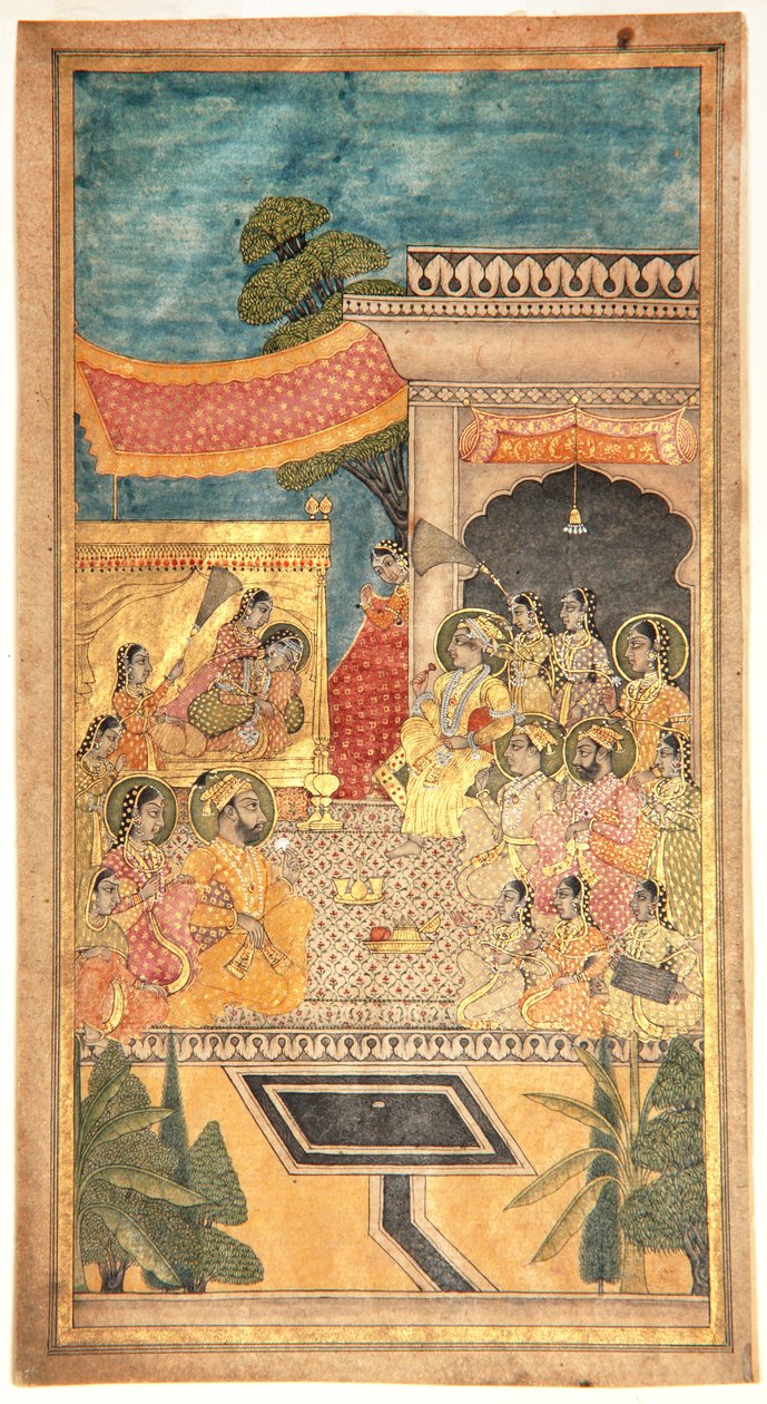Tana Shahin vihkiminen Jalwa-seremoniassa, 1679 (läpinäkymätön wc ja kultaa paperilla) tekijältä Indian School