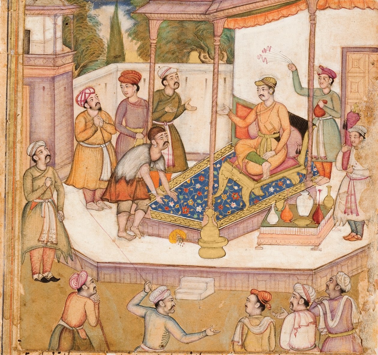 Raja, jonka vieras pyysi häneltä 500 dinaaria päivittäin, n. 1585 (läpinäkymätön wc ja kulta paperilla) tekijältä Indian School