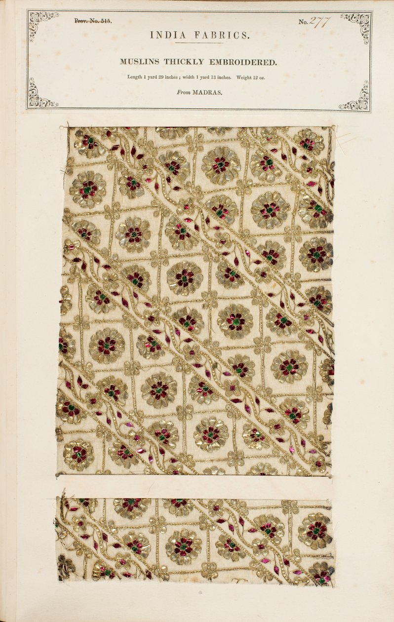 Paksu kirjailtu musliininäyte Madrasista, kokoelmasta The Collection of the Textile Manufacturers of India, John Forbes Watson, julkaistiin vuonna 1866 tekijältä Indian School