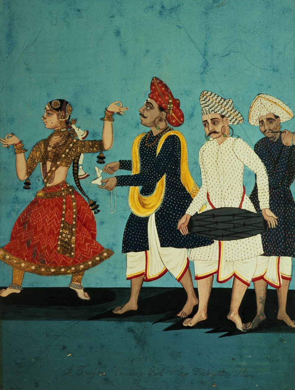 Kolme muusikkoa ja tanssityttö, Tanjore, Tamil Nadu, n. 1850 tekijältä Indian School