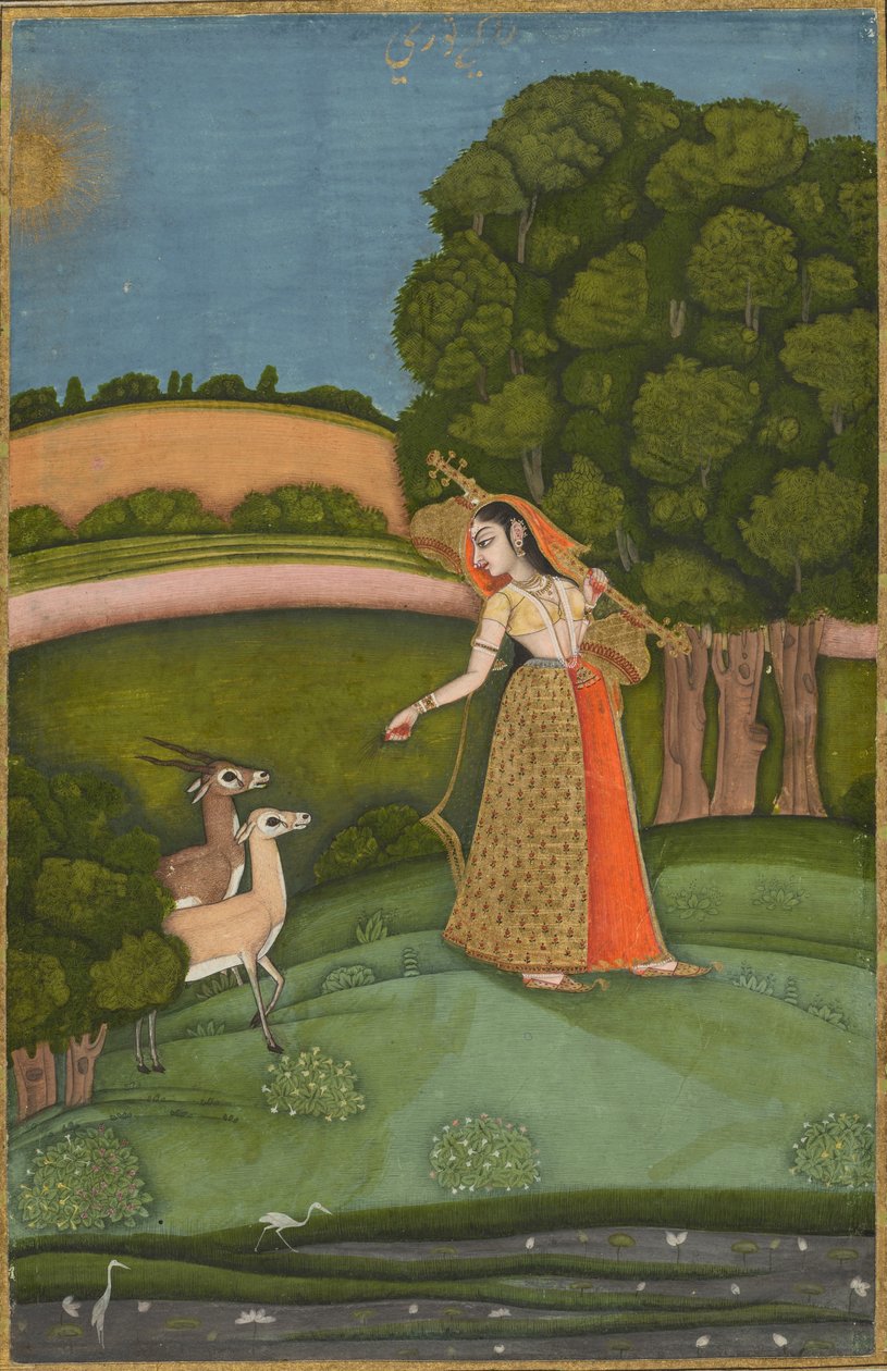 Todi Ragini, Ragamala-sarjasta, n.1755 (peittävä akvarelli kullan kanssa paperilla). tekijältä Indian School