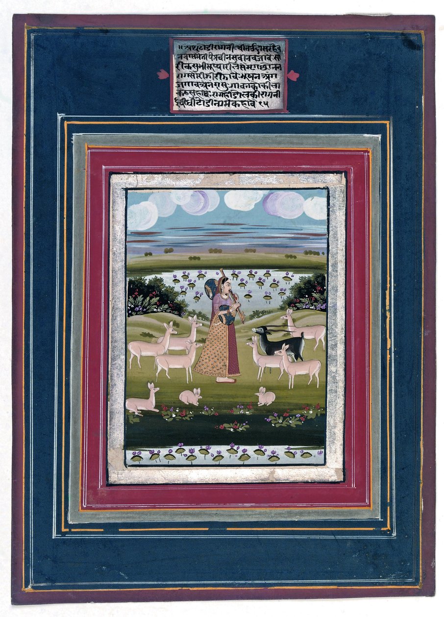 Todi ragini - Nainen soittamassa vinaa eläinten maisemassa, 1810-20 tekijältä Indian School