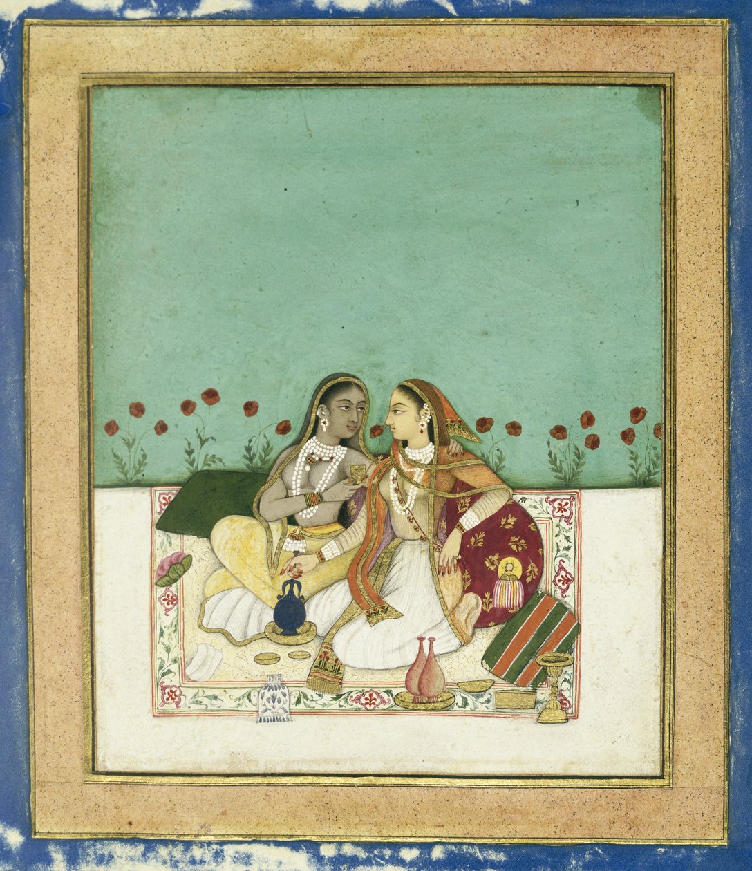 Kaksi naista terassilla, 1700 jälkeen (läpinäkymätön wc ja kultaa paperilla) tekijältä Indian School