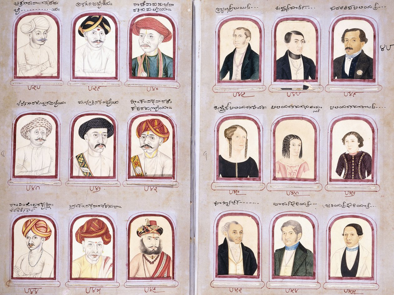 Kaksi lehteä alkuperäisten ja eurooppalaisten muotokuvien albumista, n. 1830-1850 tekijältä Indian School