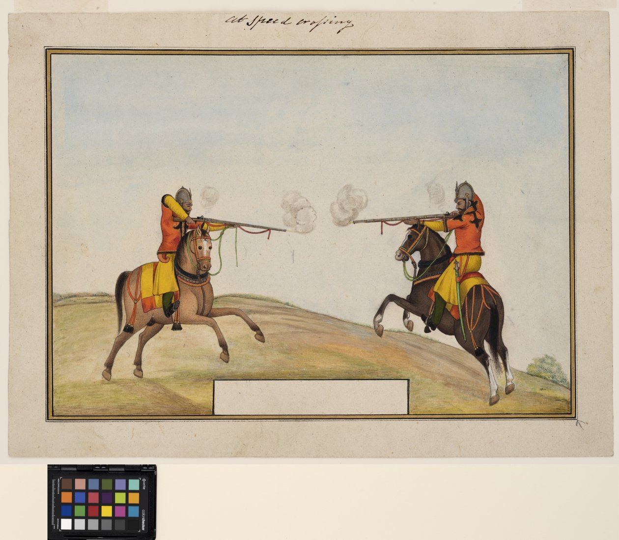 Kaksi ratsastettua sotilasta vaihtamassa kiväärin tulia, n. 1830 (läpinäkymätön akvarelli ja kulta paperilla) tekijältä Indian School