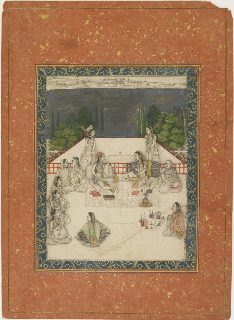 Kaksi naista istuvat terassilla palvelijoiden ja muusikoiden ympäröimänä, n. 1650 (läpinäkymätön wc ja kultaa paperilla) tekijältä Indian School