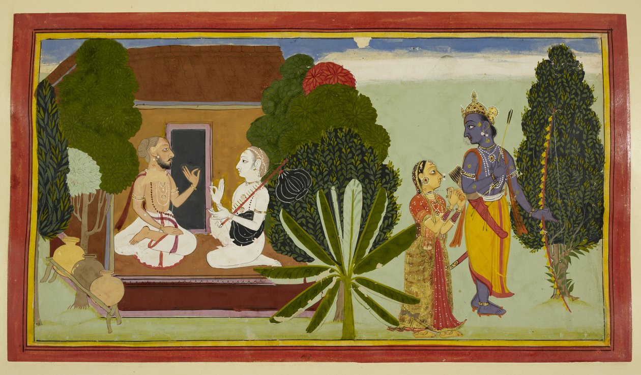 Valmiki ja Narada keskustelevat vasemmalla, Rama ja Sita oikealla. tekijältä Indian School