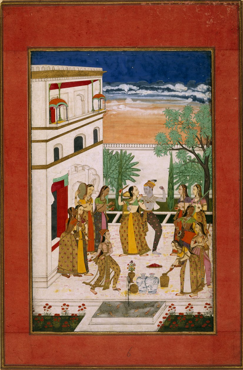 Vasanta Ragini, Radha & Krishna tanssii, n.1760 (akvarelli paperille) tekijältä Indian School