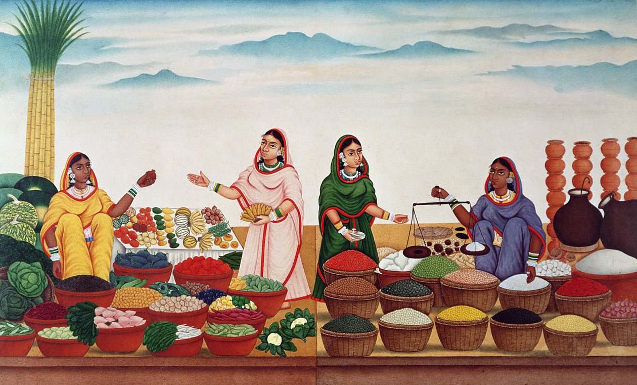 Vihannes- ja maustemarkkinat Benaresissa, n. 1840 tekijältä Indian School