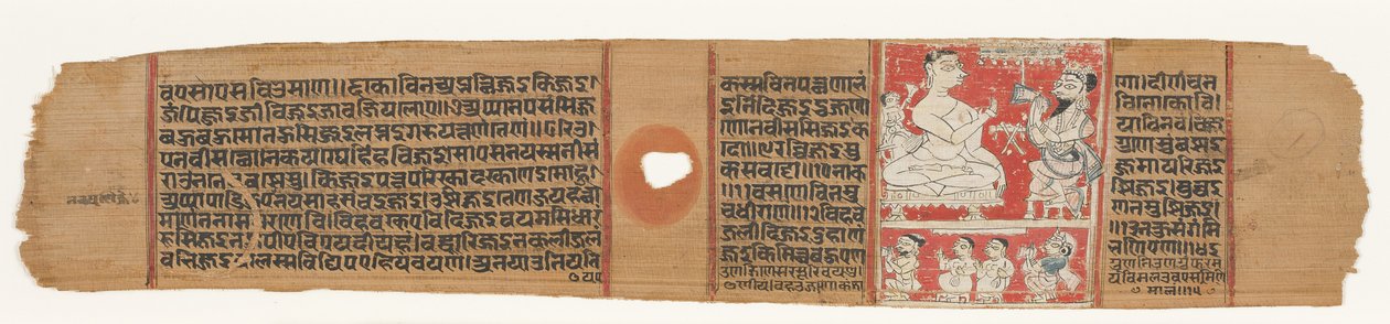 Vimalaprava keskustelee Rajin ja Lakshmin kanssa, n.1300 (läpinäkymätön wc palmunlehdellä) tekijältä Indian School