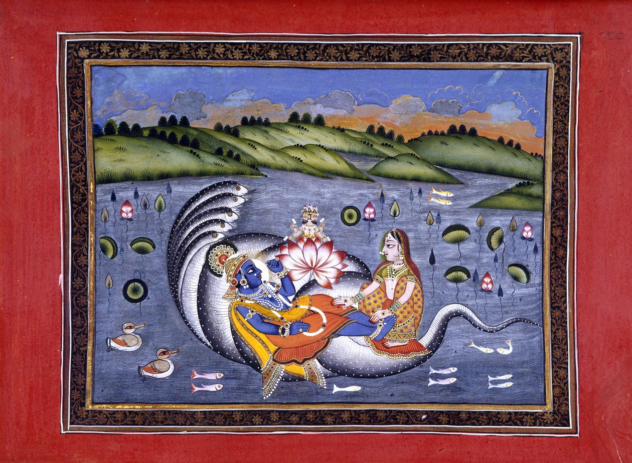 Vishnu ja Lakshmi, kuvitus teoksesta Bhagavatapurana. (Purana of the Siunatun Herran)" Kalurama tekijältä Indian School