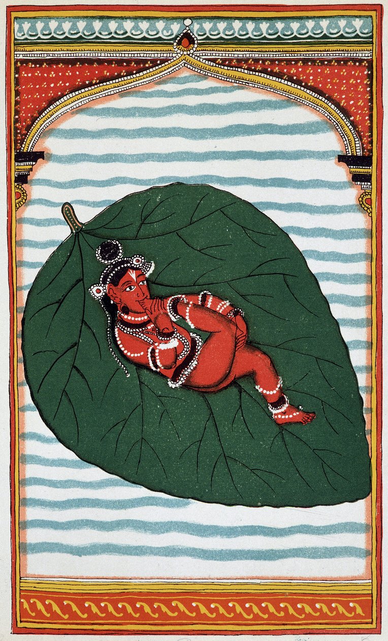 Vishnu tai Narayan: Brahmanin triadin toinen suuri jumaluus, hänen syntymänsä - litho 1700-luvulta. tekijältä Indian School