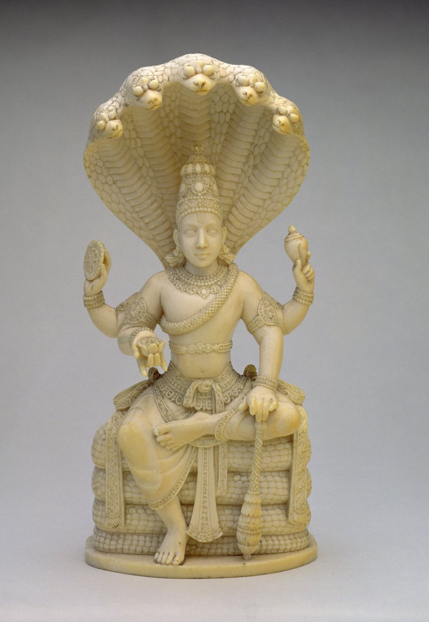Vishnu istuu Serpent Seshan päällä, kädessään kuori, nuija, kiekko ja lootus tekijältä Indian School