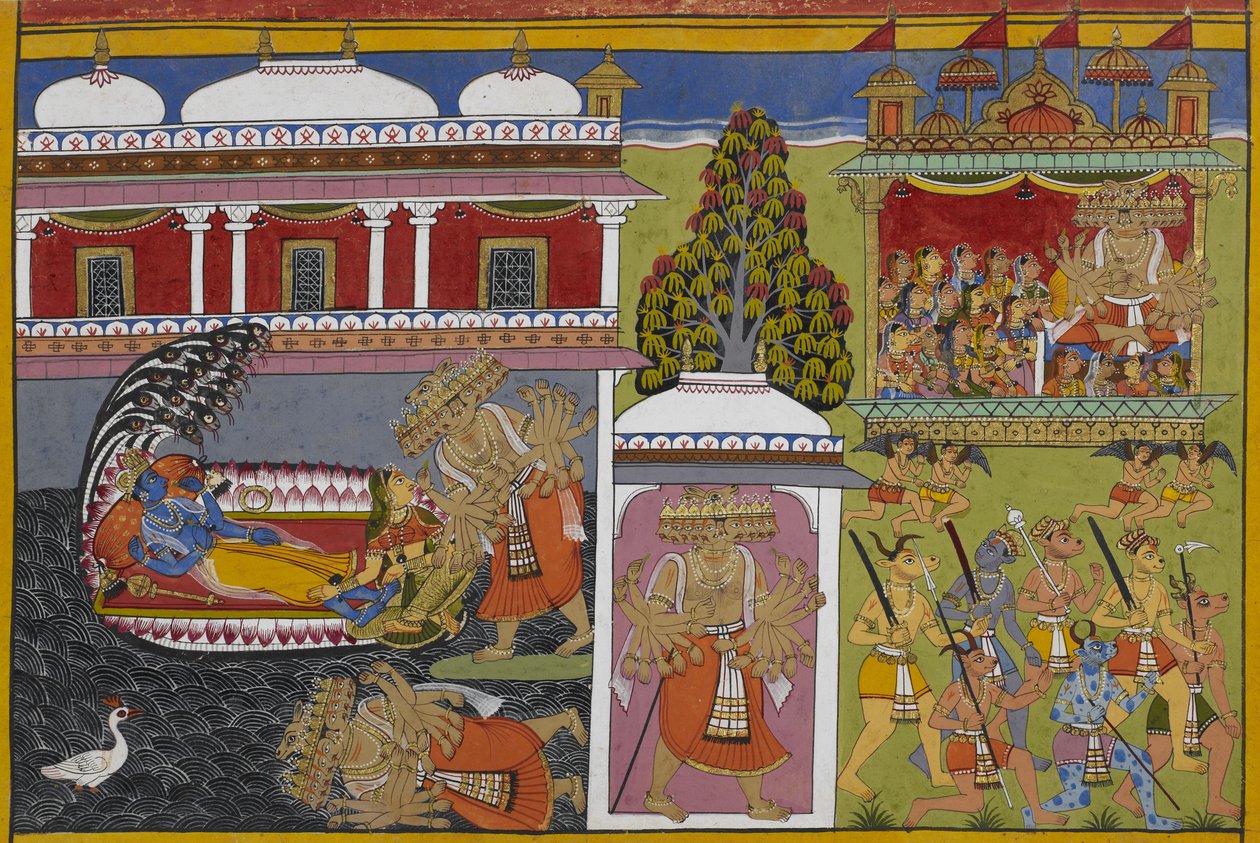 Viṣṇu lepää Lakshmin kanssa, kun Rāvaṇa kaatuu, ja sieppaa sitten naisia vaunuillaan. tekijältä Indian School
