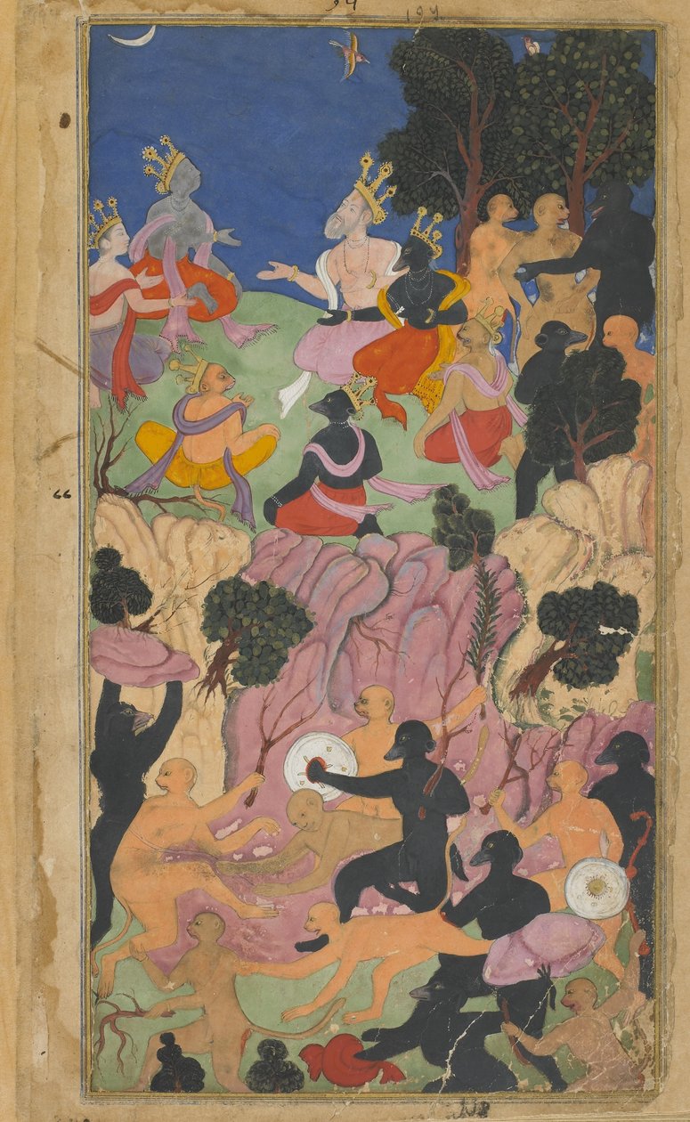Vol.2 fol.194 Rama neuvottelee Vanara-päälliköiden kanssa Suvela-vuorella (läpinäkymätön vesiväri, mustetta ja kultaa paperilla) tekijältä Indian School
