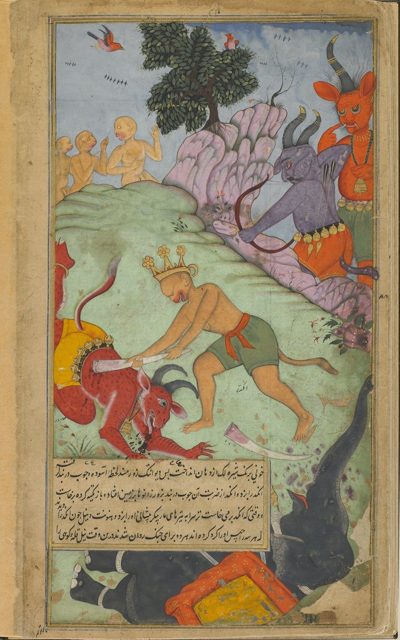 Vol.2 fol.227 Angada iskee Devantakaan Mahodarasin elefantista revittyyn keimaan (läpinäkymätön vesiväri, muste ja kulta paperilla) tekijältä Indian School