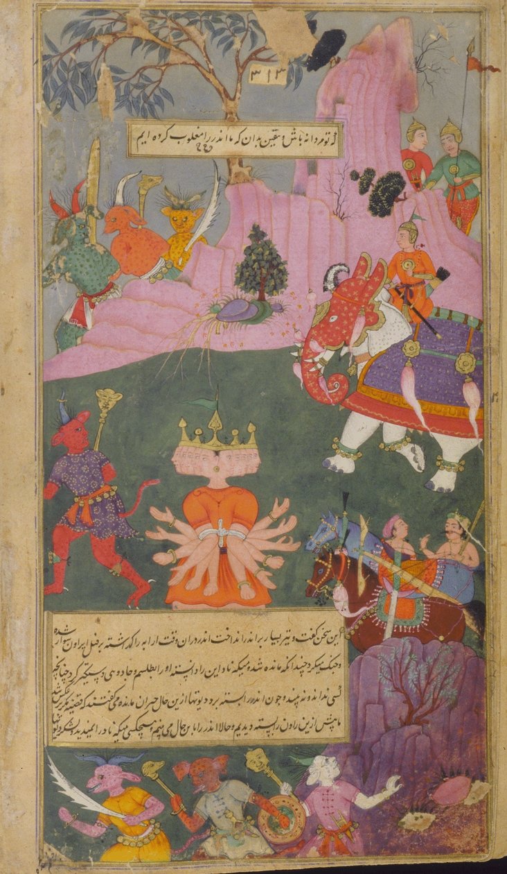 Vol.2 fol.310 Raksasa-armeija pakenee nähdessään Indran vangitseman Ravanan (läpinäkymätön akvarelli, muste ja kulta paperilla) tekijältä Indian School