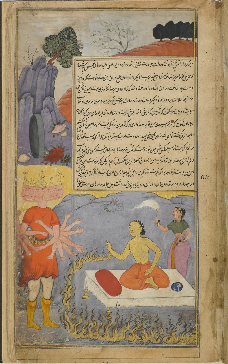 Vol.2 fol.313 Ravana keskustelee Mahajambunadan kanssa, jota ympäröi tulirengas ja johon osallistuu Lakshmi (läpinäkymätön akvarelli, muste ja kulta paperilla) tekijältä Indian School