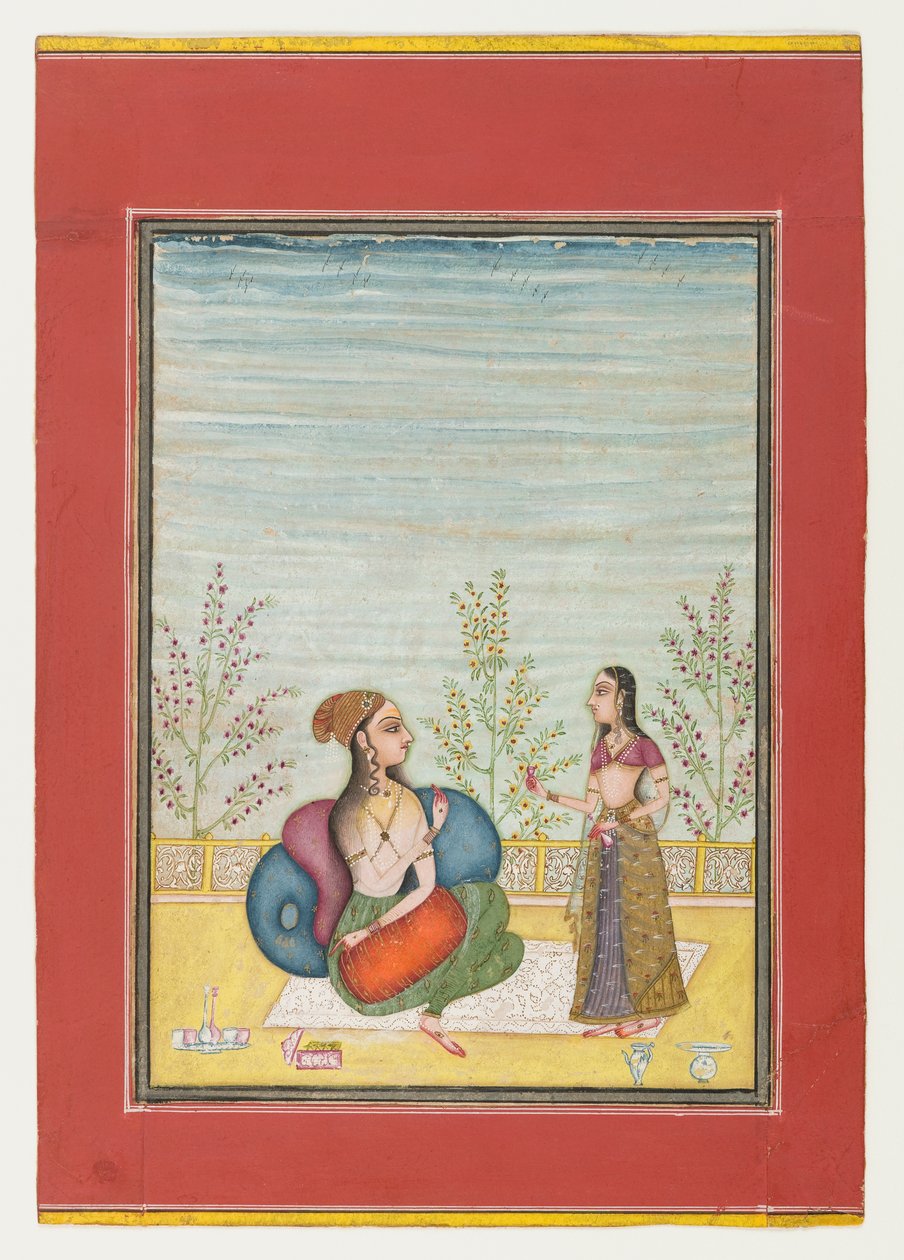 Nainen ja hoitaja, n. 1700-10 (läpinäkymätön wc ja kultaa paperilla) tekijältä Indian School