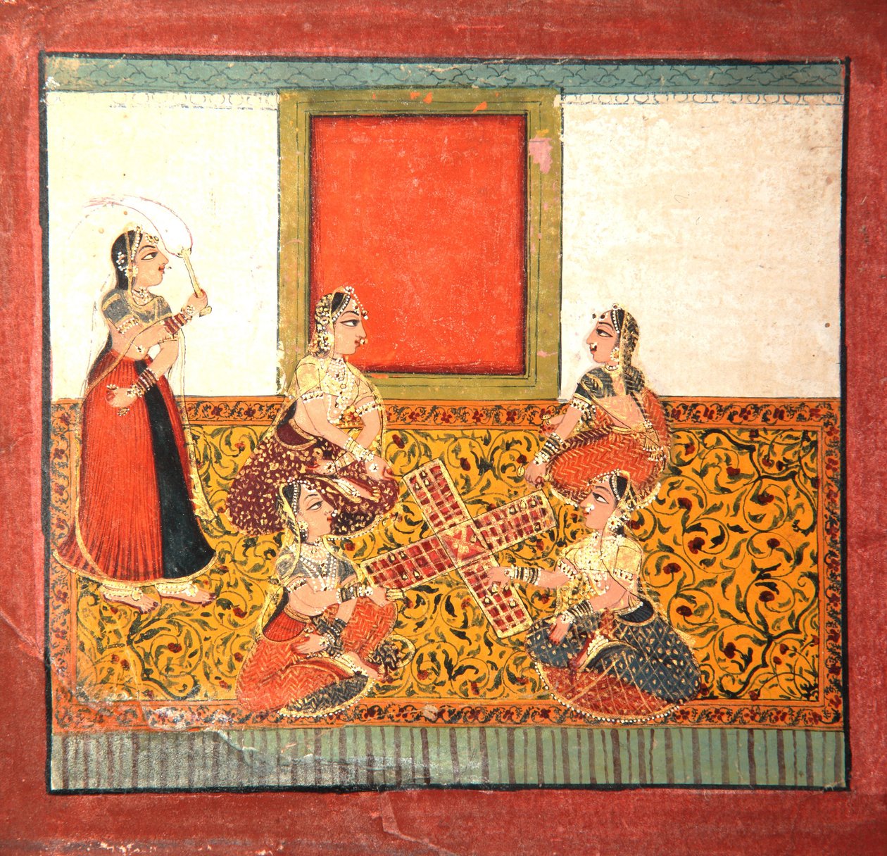 Naiset leikkivät Parcheesia, istuvat keltakuvioisella lattiapäällysteellä, n. 1725 (läpinäkymätön wc ja kultaa paperilla) tekijältä Indian School