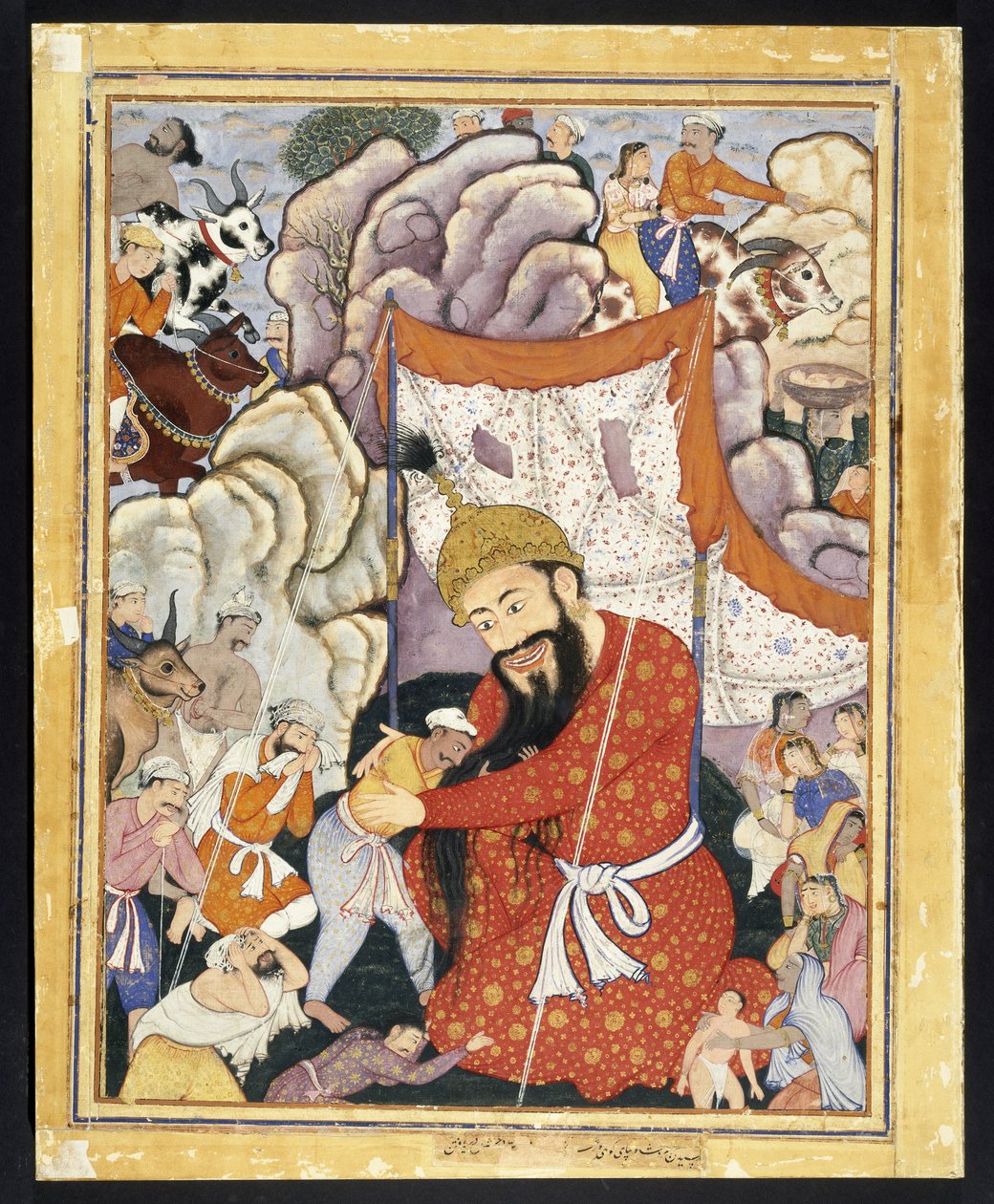 Zumurrud Shah turvautuu vuoristoon, n. 1570 (läpinäkymätön akvarelli ja kulta puuvillakankaalla) tekijältä Indian School
