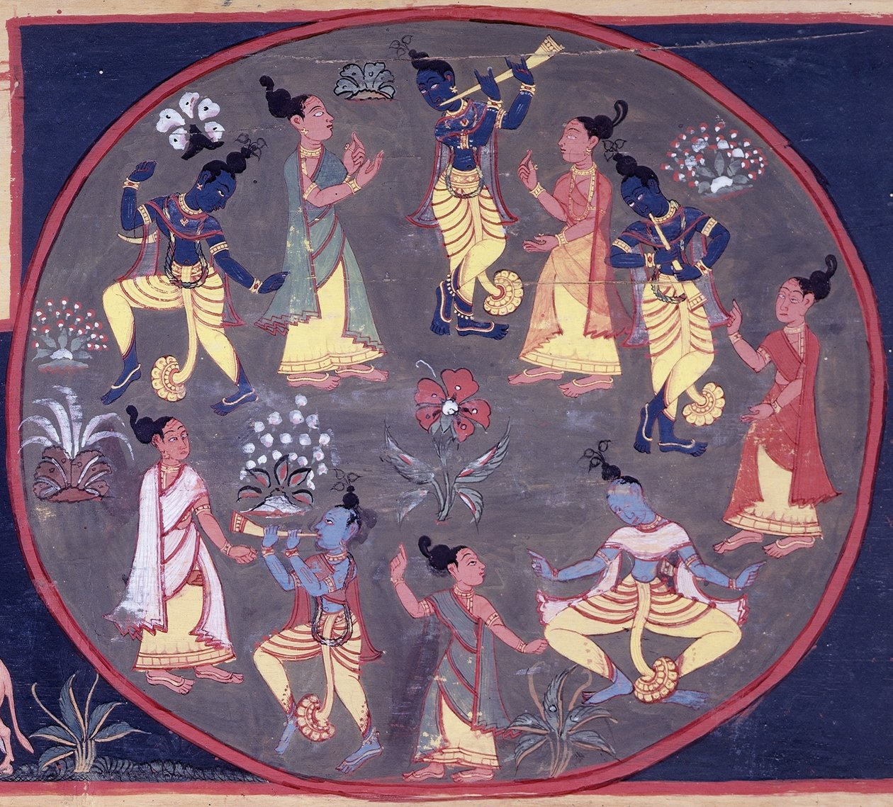 fol.142v Tanssijoiden ja muusikoiden piiri Durgacaryan teoksesta "Brahma-vaivarta puranan Brahma-Khanda" tekijältä Indian School